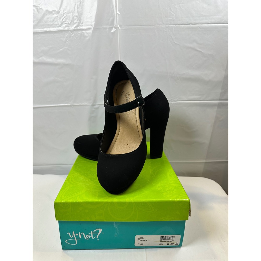Y Not? Ariel Black Nubuck Mary Jane Platform Block Heel Pumps Women 7M
